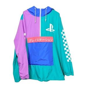PlayStation Windbreaker Jacket 2XL Retro Vaporwave Colorblock Hooded Anorak